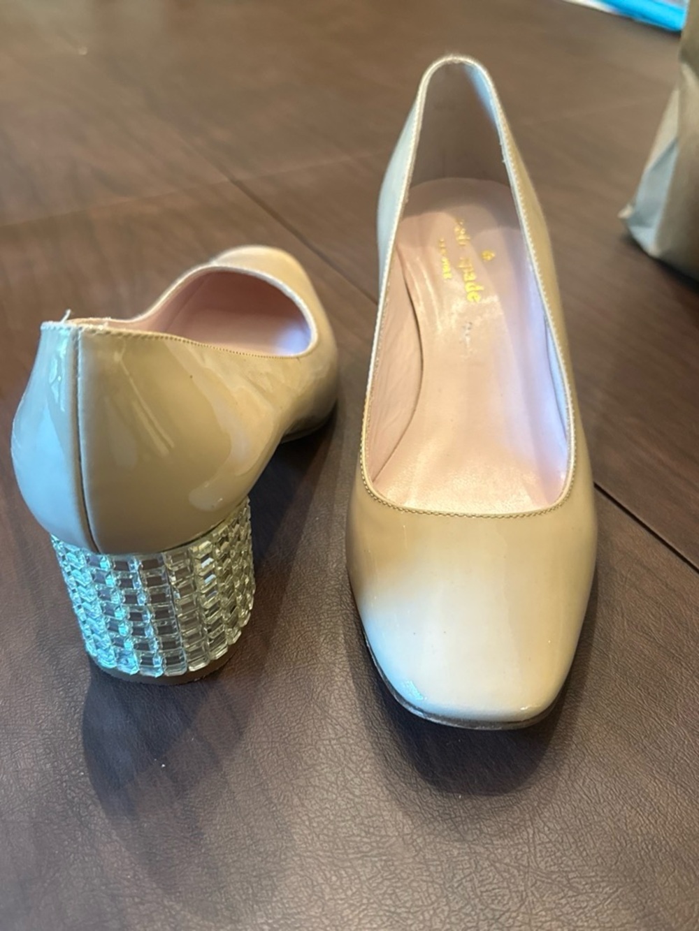 kate spade Nude Patent Block Heel Pumps with Crystal-Embellished Heel
